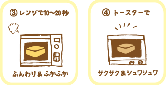 レンジで10～20秒でふんわり＆しっとり。トースターでカリッと。